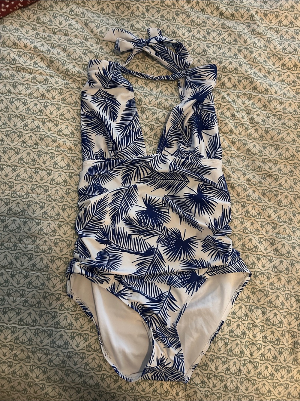 Women's Navy Palm-Print Halter One-Piece Swimsuit